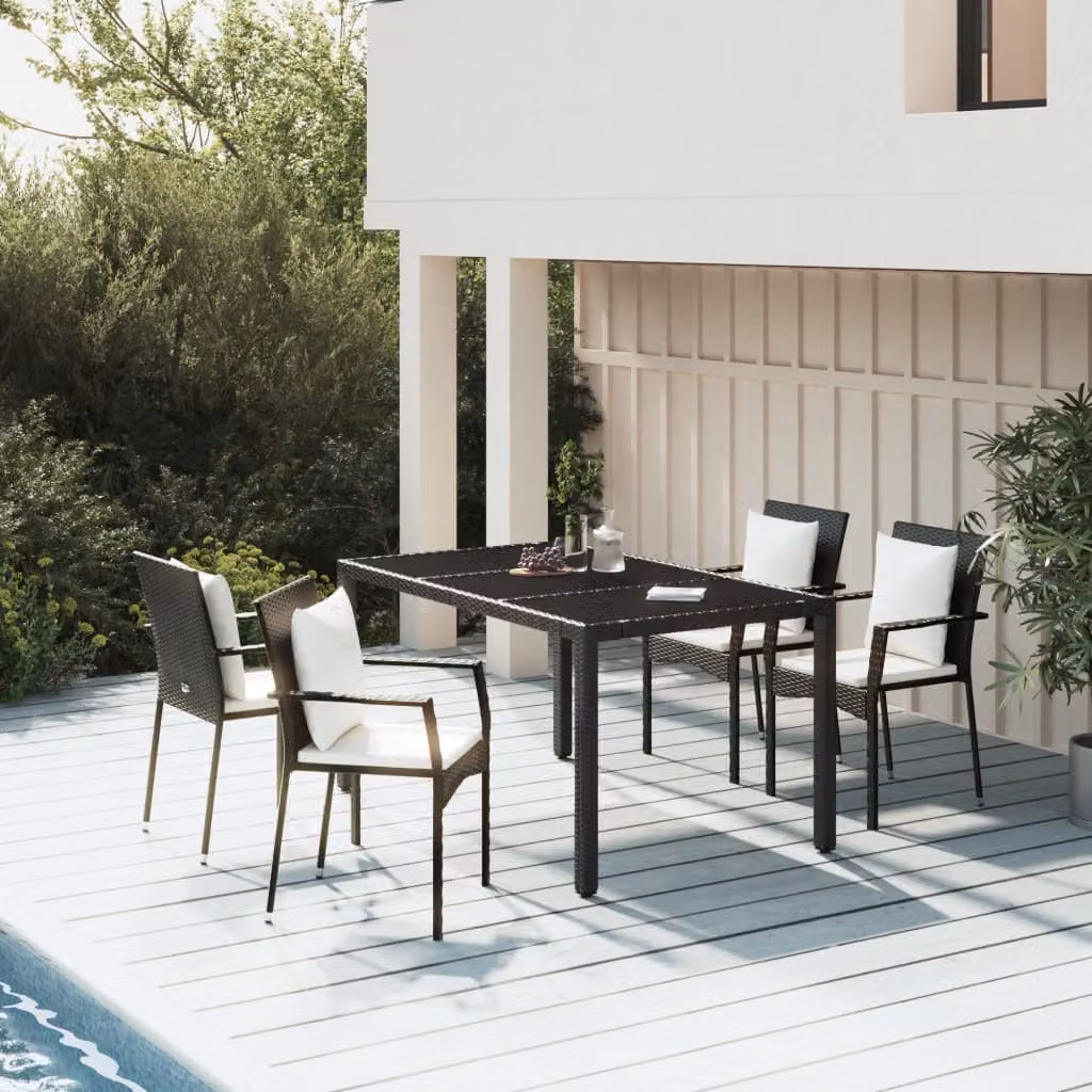 Set da Pranzo da Giardino vidaXL in Polyrattan Nero con Cuscini e Tavolo in Vetro, 5 Pezzi