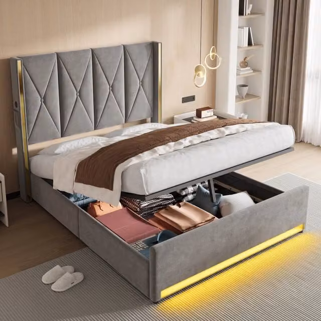 Letto matrimoniale 160 × 200 cm con contenitore idraulico, USB, Type-C, LED regolabile e tasche, senza materasso