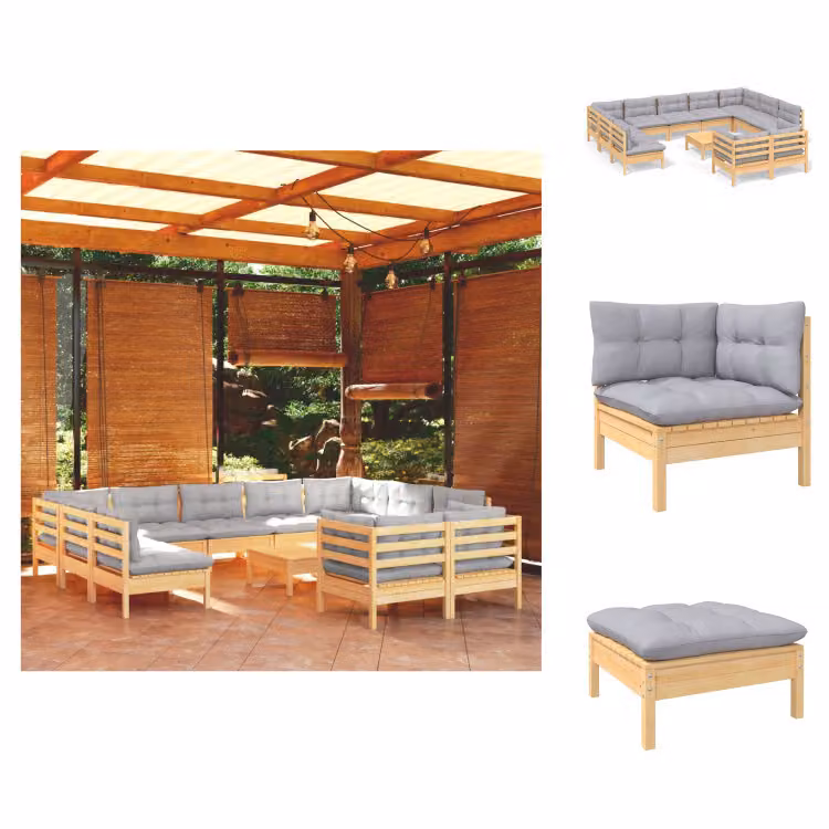 vidaXL Set di 12 pezzi da giardino con cuscini grigi in pino massiccio - Set di mobili da giardino