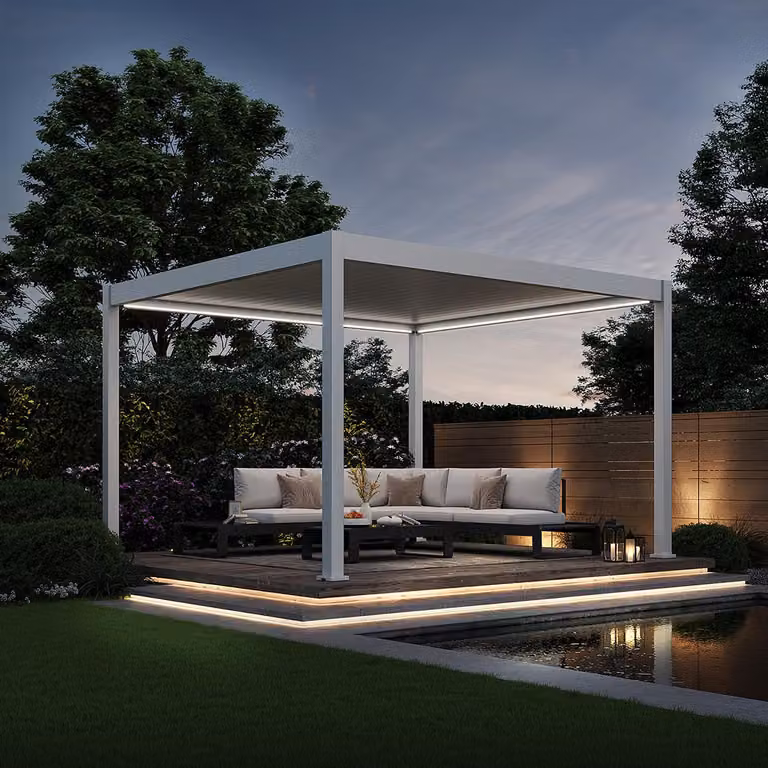 Pergola elettrica Weide E-Deluxe interamente in alluminio, 3,6x4 m, con tetto a lamelle bianco
