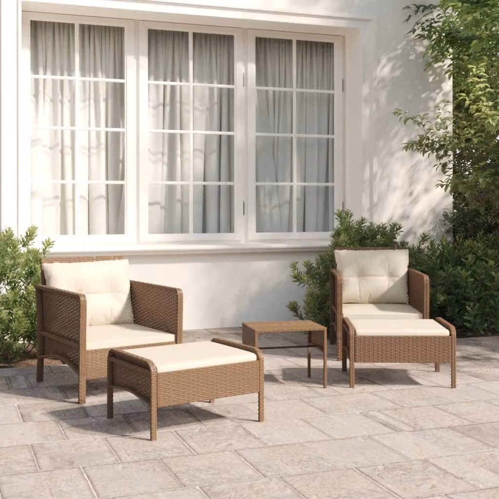 Set da giardino vidaXL composto da 5 pezzi in polyrattan marrone con cuscini e tavolino da esterno
