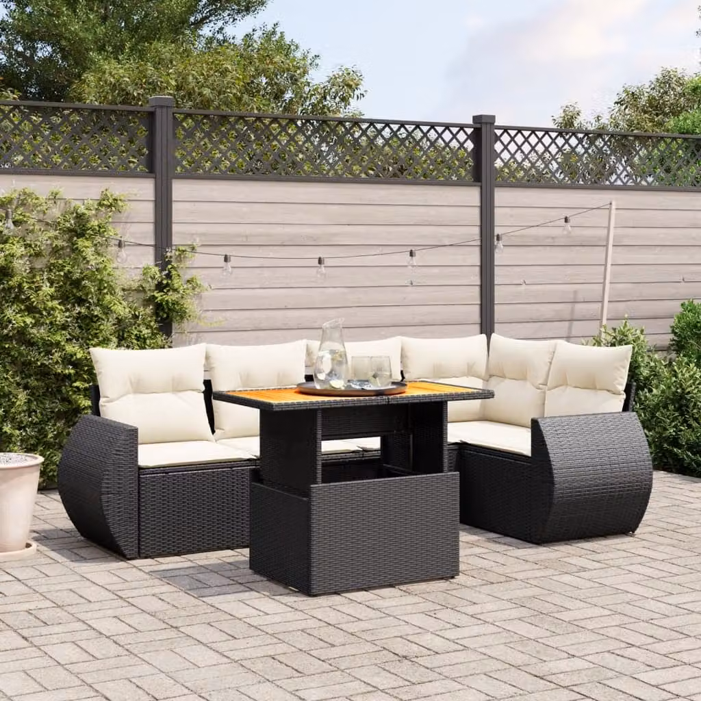 Set Divano da Giardino a L vidaXL 6 pz in Polyrattan Nero con Cuscini e Tavolino da Esterno – 1