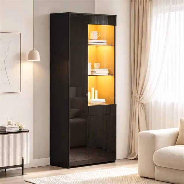 Vetrina REDOM moderna in nero lucido con LED, vetro temperato e ripiani interni, L: 70 cm, P: 35 cm, H: 180 cm