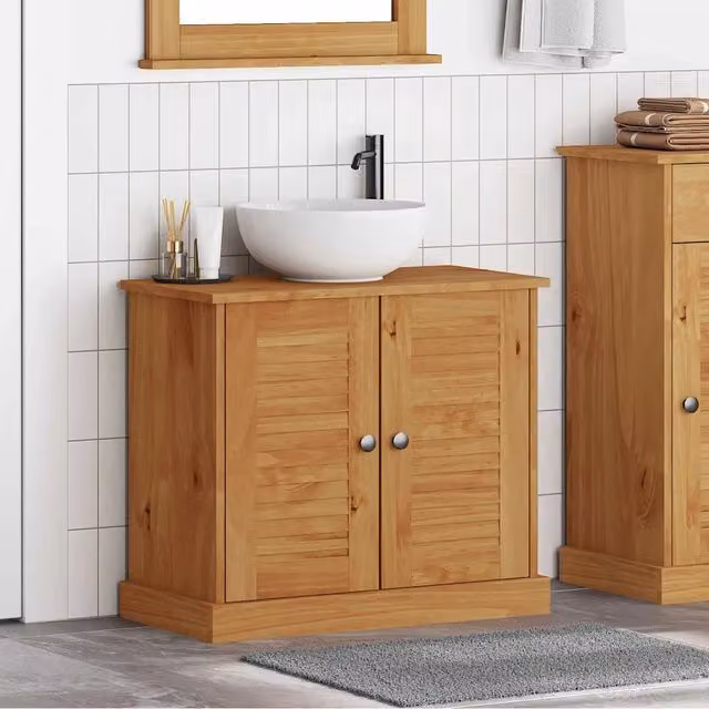 Mobile lavabo da bagno vidaXL in legno di pino marrone con ante a battente e ripiani interni, L: 67.5 cm, P: 34 cm, H: 59 cm