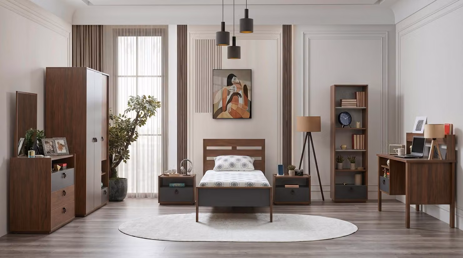 Camera da letto per adolescenti, colore marrone: letto, armadio, cassettiera, comodini, scrivania