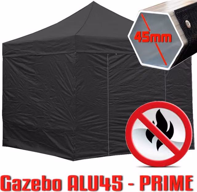 Gazebo 3x3 m nero certificato IGNIFUGO pieghevole alluminio piantone esagonale 45mm portatile estendibile richiudibile estensibile acciaio con laterali per fiere eventi stand chiosco tenda tendone mercato mercatino