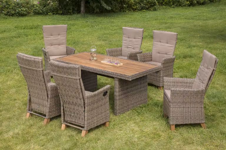Set di mobili da giardino Merxx Toscana, 13 pezzi: 6 poltrone regolabili tramite molla a gas, 6 cuscini, tavolo 185 x 90 cm, alluminio/intreccio in plastica/acacia