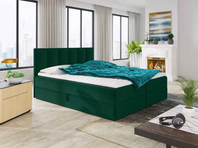 Letto boxspring Star con topper, materasso Bonell e 2 cassetti, letto matrimoniale, letto imbottito, letto (verde scuro (Kronos 19), 140 x 200 cm)