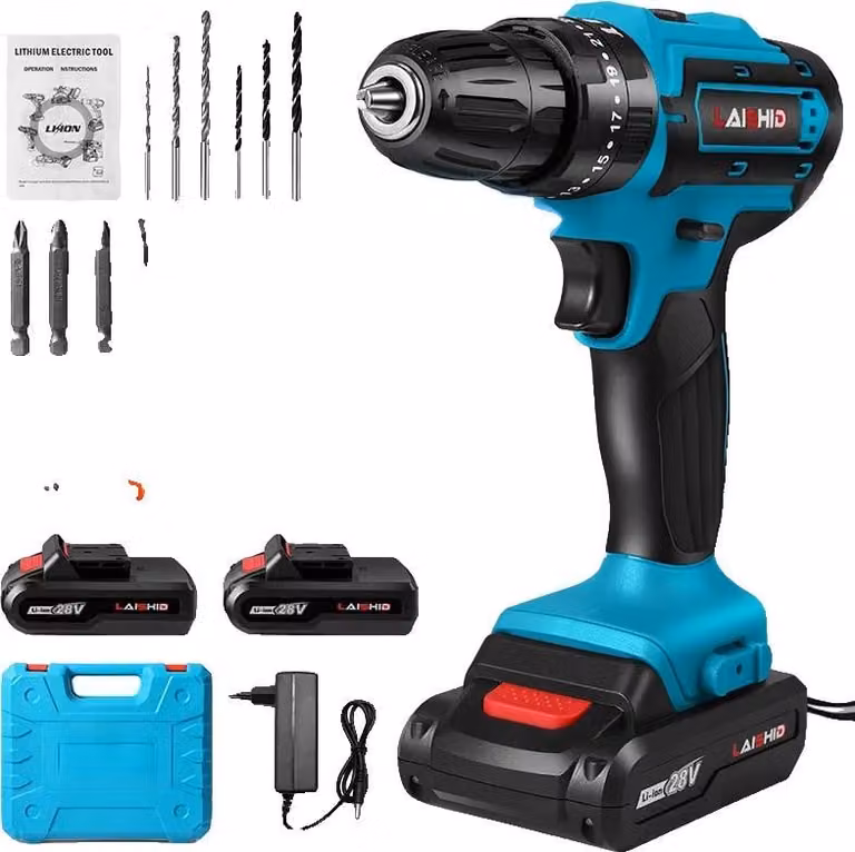Avvitatore a batteria, 28V a percussione, velocità 1350 giri/min, incluse punte, blu con 2 batterie