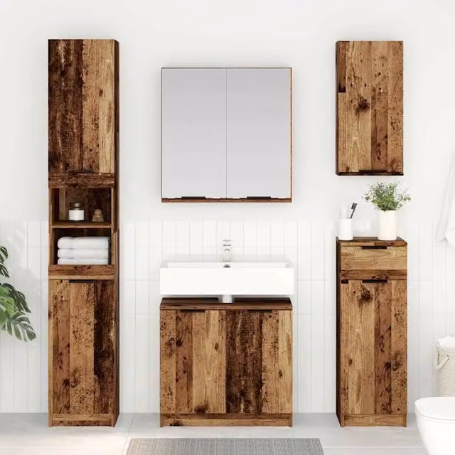 Set di mobili da bagno moderni vidaXL in legno marrone composto da mobile lavabo, armadietto con specchio e colonna alta, L/P/H: 64,5 x 33,5 x 59,0 cm e 30,0 x 33,5 x 64,5 cm