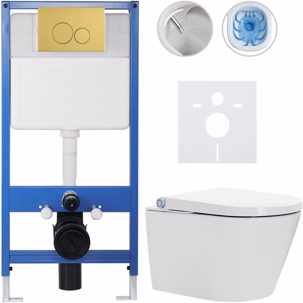 Set completo per WC Profi/Cronus Standard - bianco lucido - pulsante WC Duo/oro - installazione a muro - 59,3 x 38,4 cm