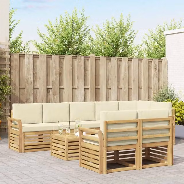 Set di divani da esterno moderno vidaXL in legno di acacia con cuscini Bianco e Beige – 1