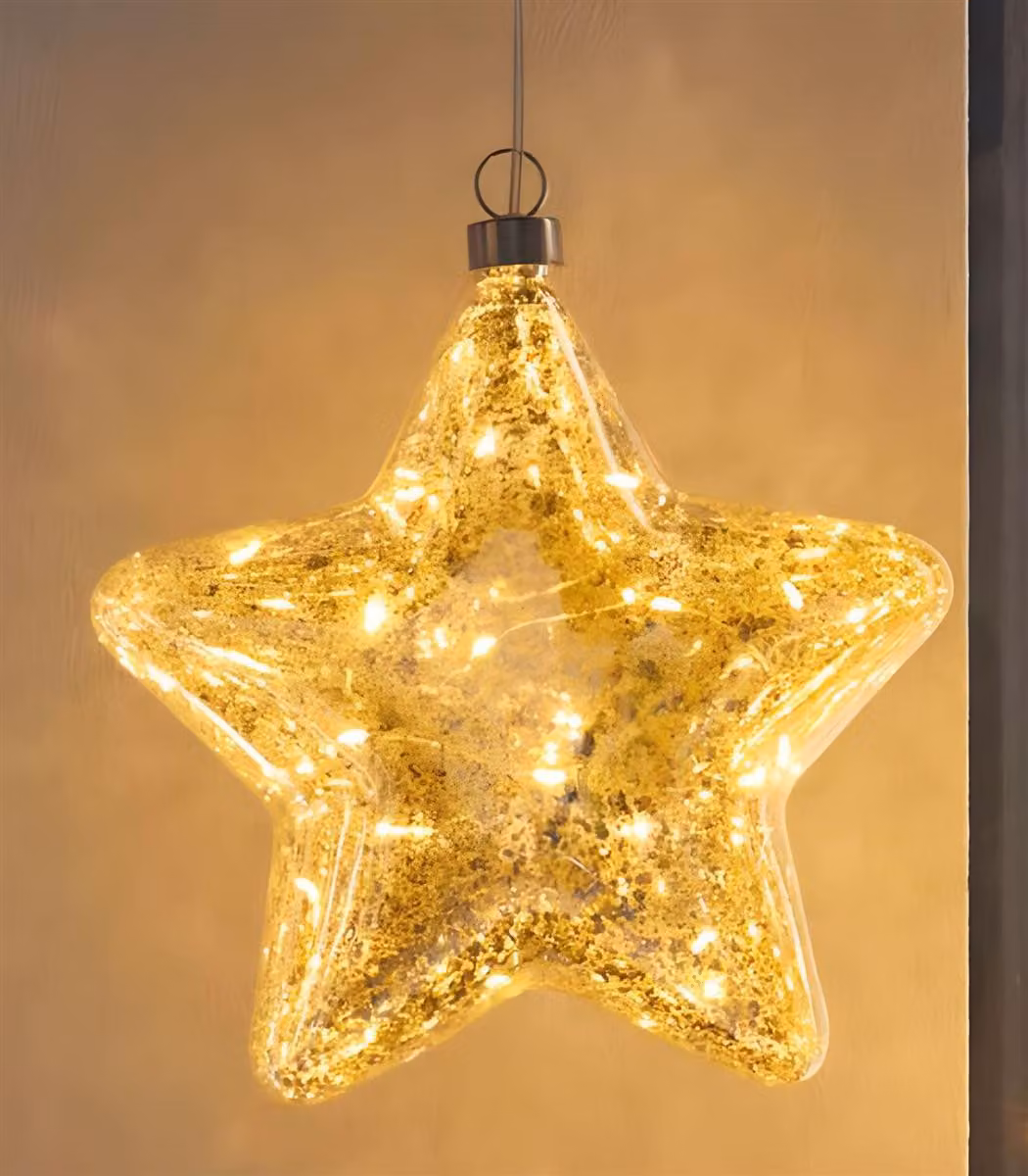 Decorazione LED "Stella" in vetro, Ø 20 cm, stella luminosa effetto argento antico, decorazione natalizia da appendere, decorazione luminosa, decorazione natalizia illuminata