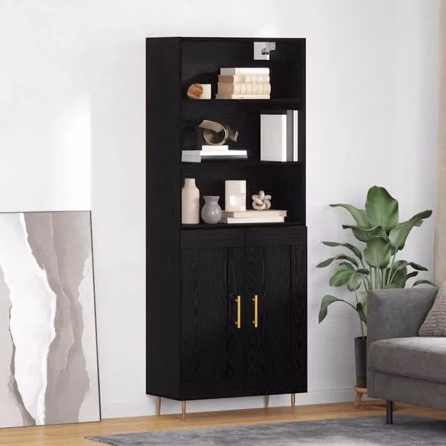 Credenza Buffet Armadio da Cucina e Soggiorno vidaXL in Legno e Metallo Nero L: 69,5 cm, P: 34 cm, H: 180 cm