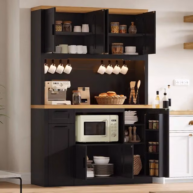 Armadio da cucina alto 120x40x182 cm con illuminazione LED e prese, dispensa con 3 cassetti e ripiani regolabili, vetrina per soggiorno e sala da pranzo