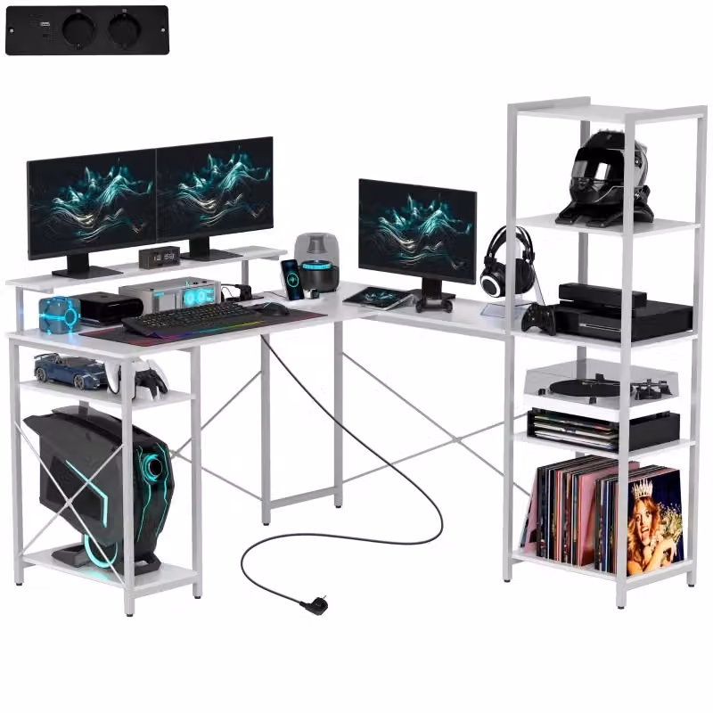 Scrivania Gaming Angolare Minimal Bianca con Scaffale per Ufficio e Casa L/P/H: 137 x 140 x 139,5 cm – 2