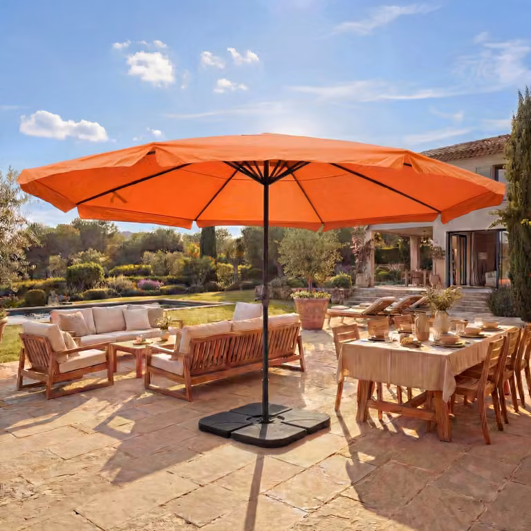 Ombrellone Meran Pro, ombrellone da ristorazione con mantovana Ø 5m poliestere/alluminio 28kg ~ terracotta con supporto