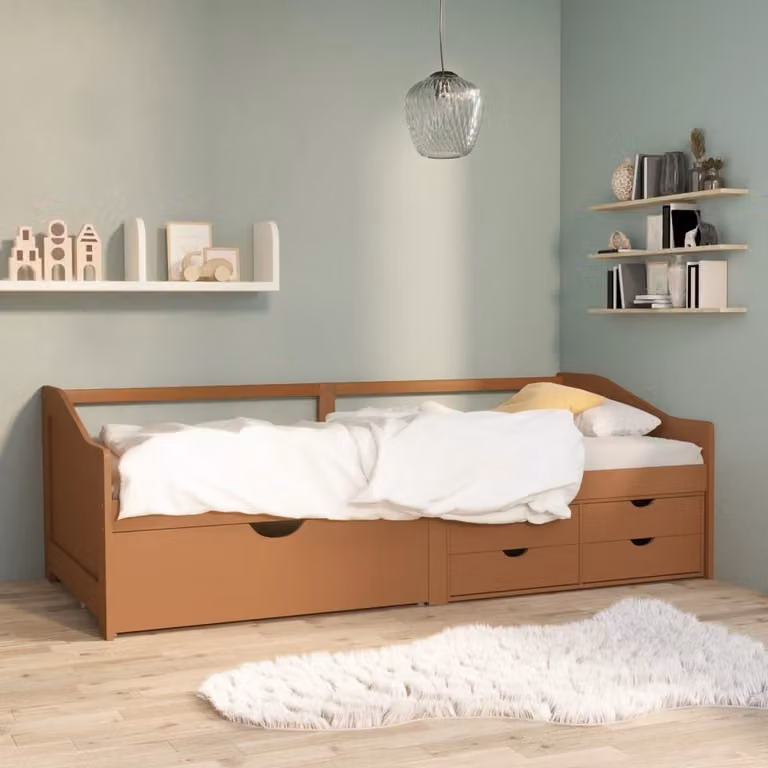 The Living Store Letto da giorno a 3 posti con cassetti in legno di pino marrone miele 90x200 cm