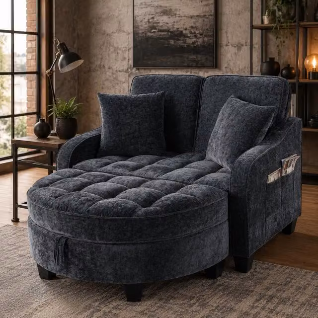 Divano letto 2-in-1 convertibile in eucalipto con pouf contenitore; 132 × 129 × 93 cm; nero