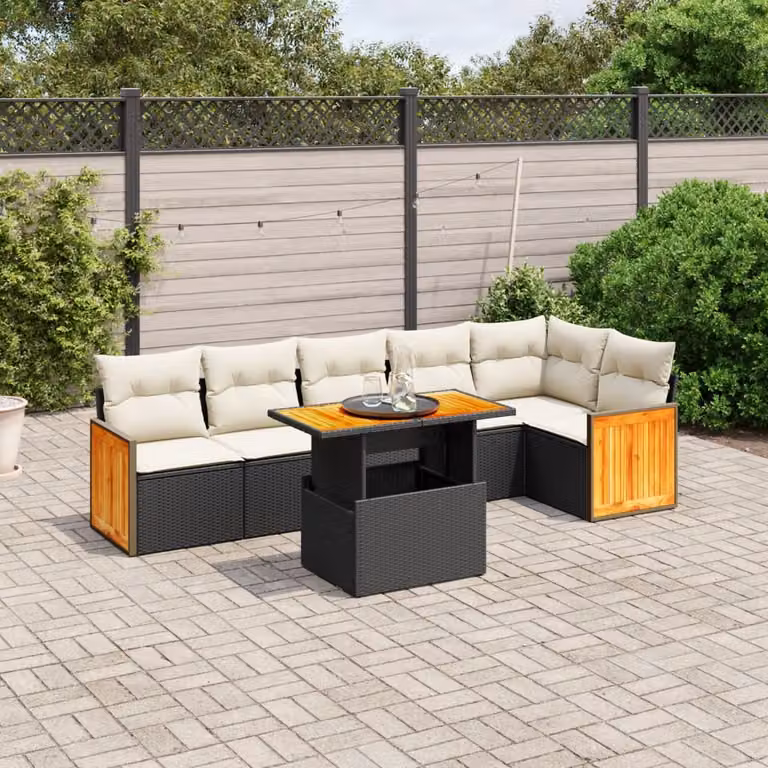 vidaXL Set Divani da Giardino a L con Cuscini 7pz in Polyrattan Nero e Legno di Acacia