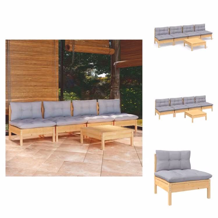 vidaXL Set di 5 pezzi da giardino con cuscini grigi in legno di pino - Set di mobili da giardino