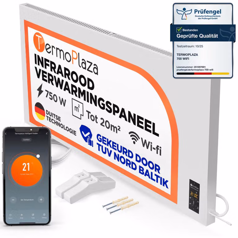 Pannello riscaldante a infrarossi elettrico - 750 W - Bianco - Autoportante e da parete - Per uso interno
