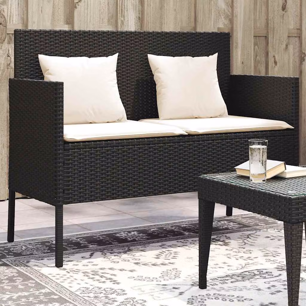 Panca da giardino vidaXL in polyrattan nera con cuscini e braccioli L: 110 cm, P: 61 cm, H: 87 cm