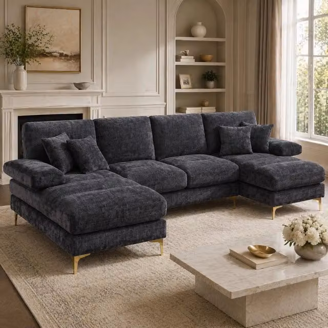 Divano angolare a U 272x136 cm in ciniglia grigia con 2 sedute reclinabili HOMVRA
