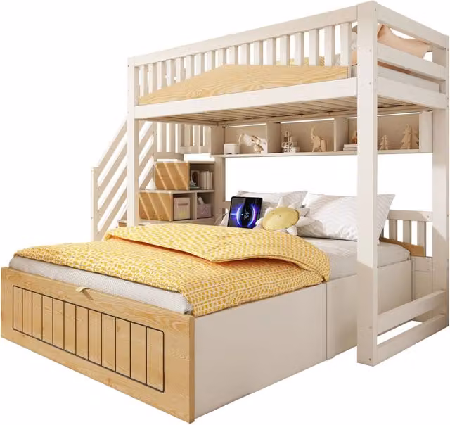 Letto a castello sfalsato 90/140x200 cm in MDF e truciolare; bianco e naturale