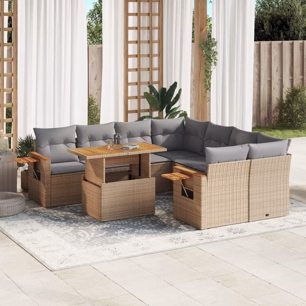 vidaXL Set Divano da Giardino a L 9 pz in Polyrattan con Cuscini Beige e Ottoman – 1