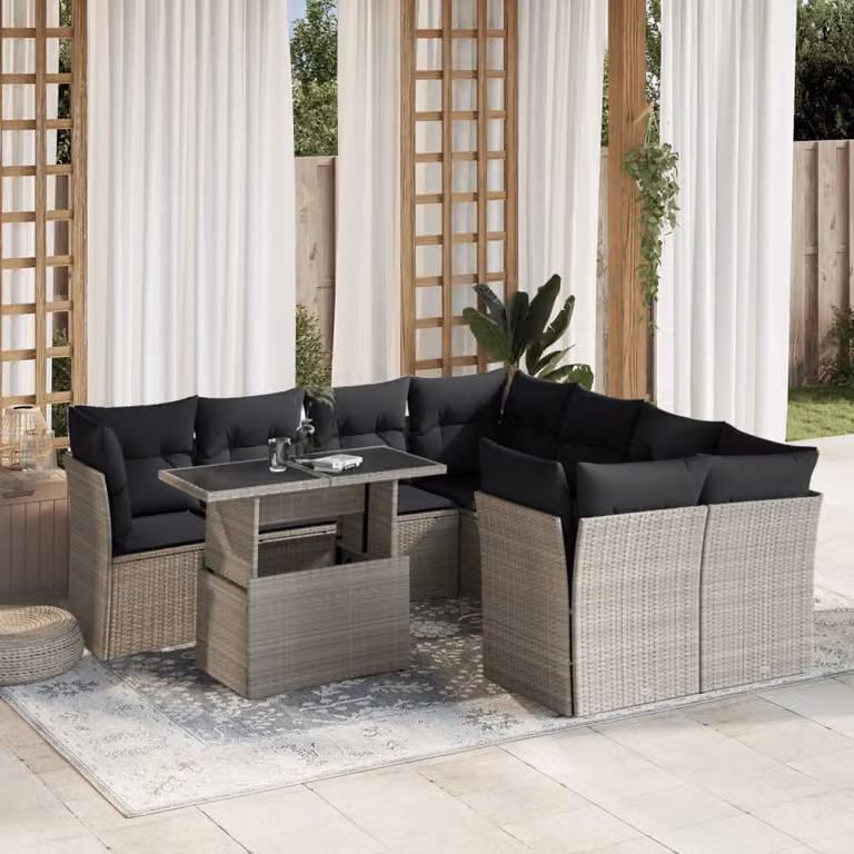 Set Divano da Giardino a L vidaXL 9pz con Tavolino in Vetro e Cuscini Antracite