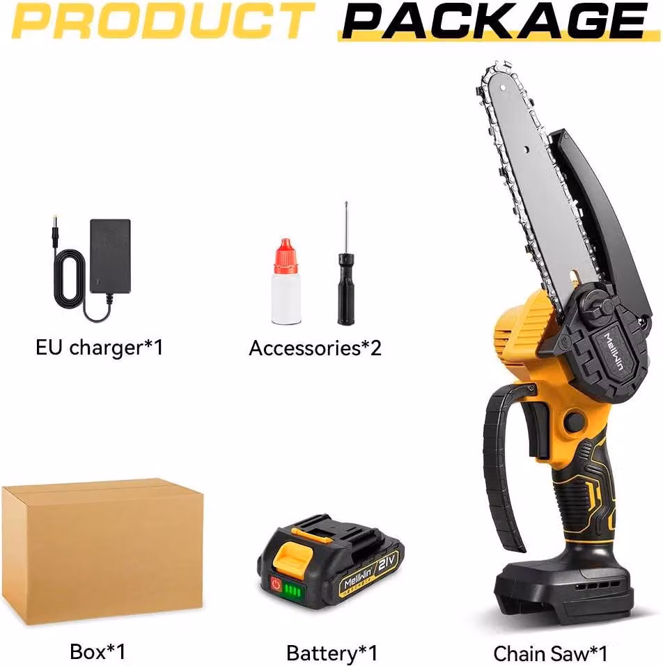Mini motosega a batteria per giardinaggio - Motosega portatile senza fili da 15 cm - Motore in rame da 1500W - Velocità della catena di 6 m/s - Set con 1 batteria