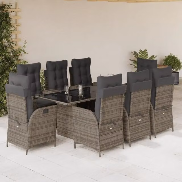 Set da pranzo da giardino vidaXL in polyrattan grigio con tavolo in vetro e 9 sedie con cuscini