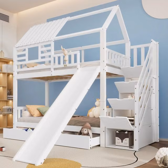 Letto a castello casa bianco 90x200 cm con scala contenitore, scivolo e cassetti