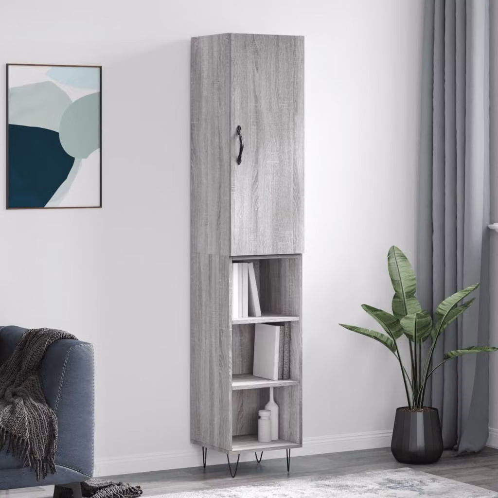 Credenza moderna vidaXL in legno multistrato e metallo, Grigio Sonoma, L/P/H: 34,5 x 34 x 180 cm