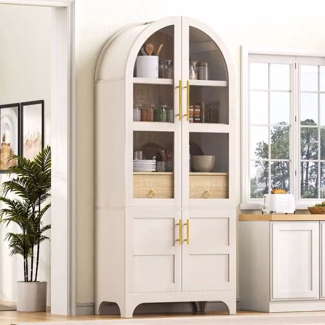 Credenza da cucina con ripiani regolabili e ante in vetro scanalato in MDF bianca 76 × 40 × 180 cm