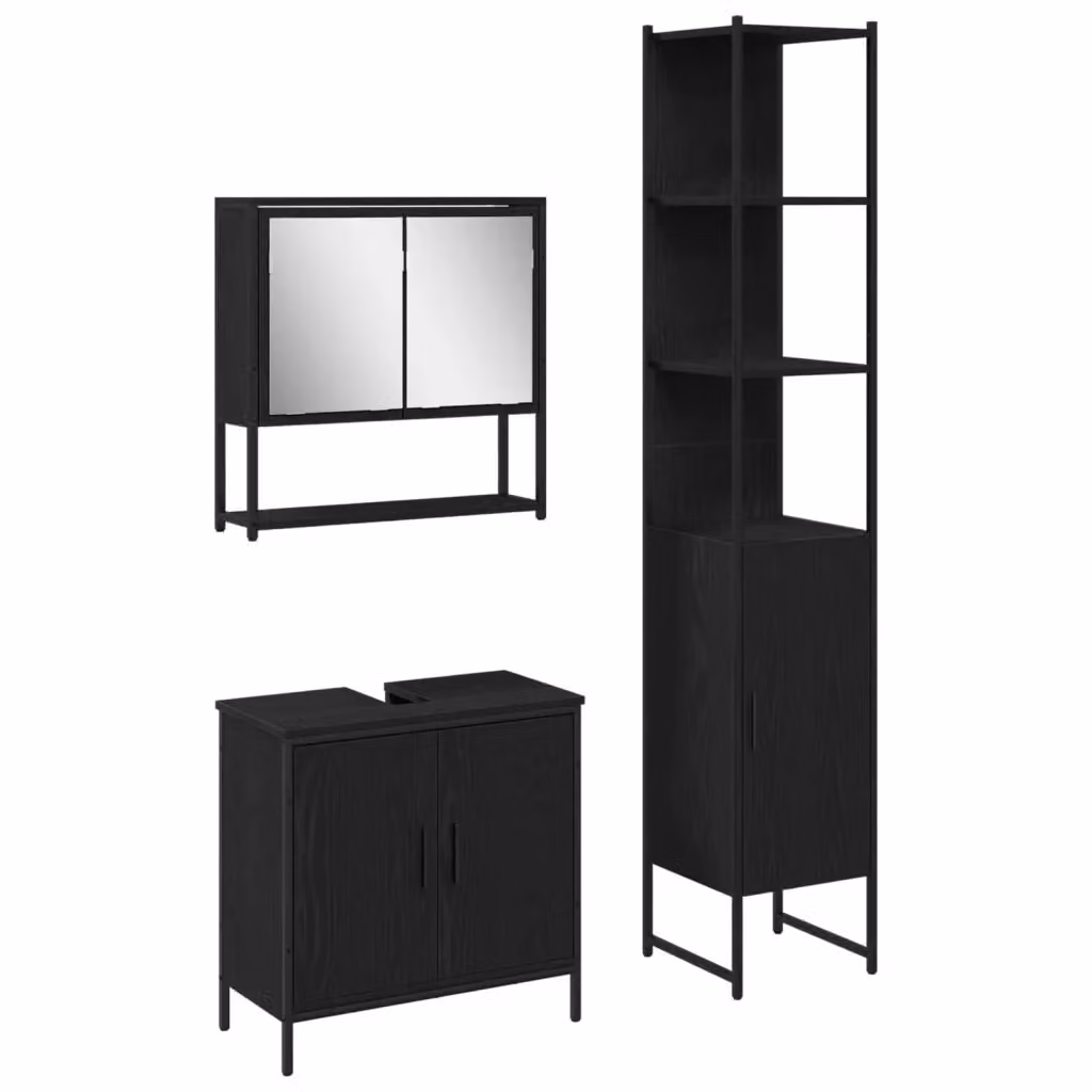 Set di mobili da bagno moderno vidaXL in MDF nero opaco composto da armadietto con specchio, mobile lavabo e mobile laterale a parete – 2