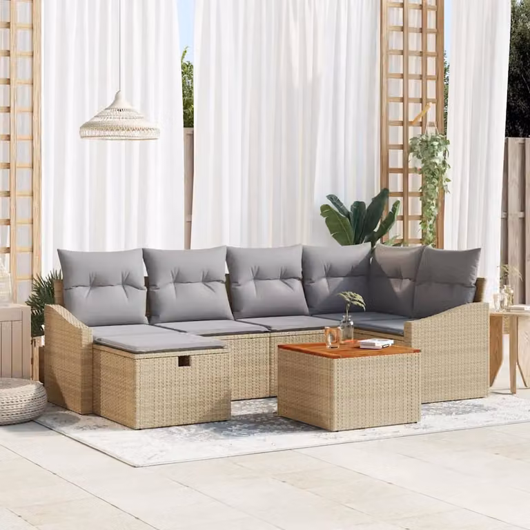 Set Divano da Giardino a L vidaXL 7 pz Beige con Cuscini e Tavolino in Rattan e Acciaio