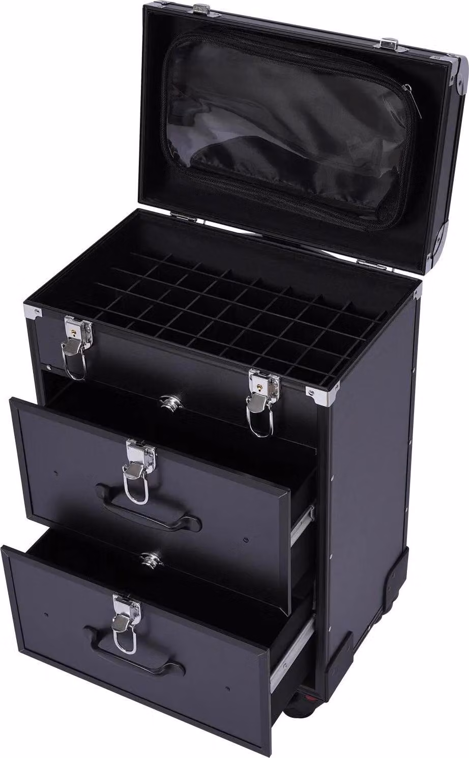 Valigetta cosmetica con rotelle - Trolley per trucchi - Chiusura con lucchetto - Con scomparti divisori - Telaio in lega di alluminio - Fodera in viscosa - Volume
