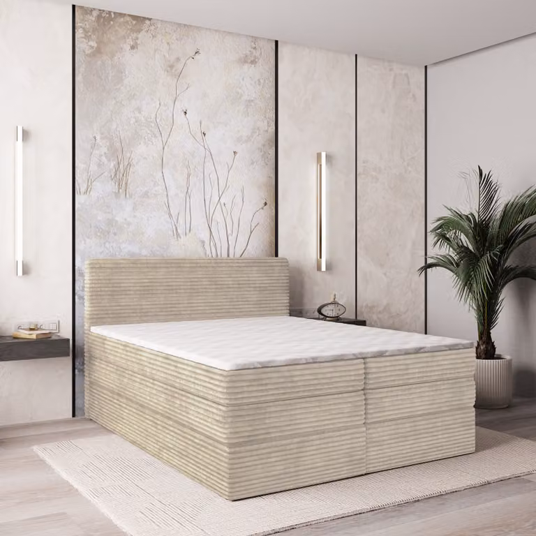 Letto a molle insacchettate Masseno LUNERA 140x200 cm completo di materasso bonell e topper, letto imbottito con cassettiera - crema, TILIA 03
