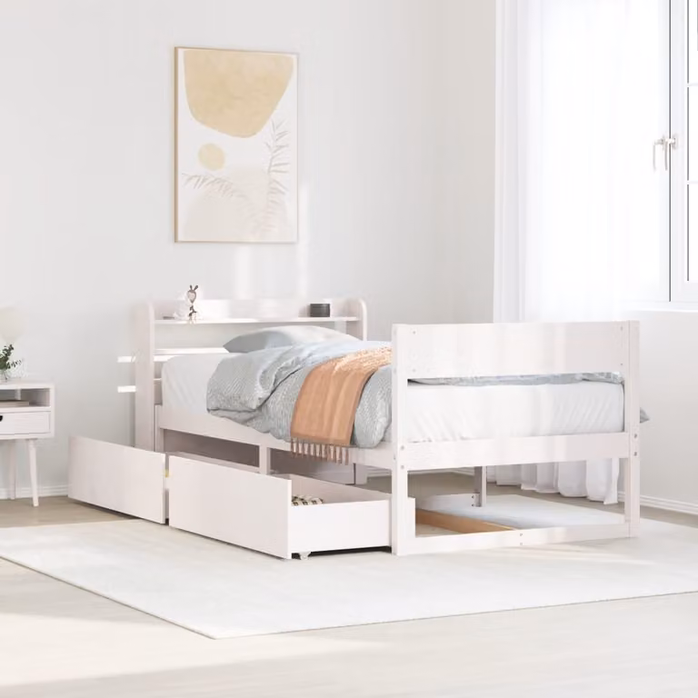 Letto in legno di pino massello bianco con cassetti stile rustico 90x200 cm