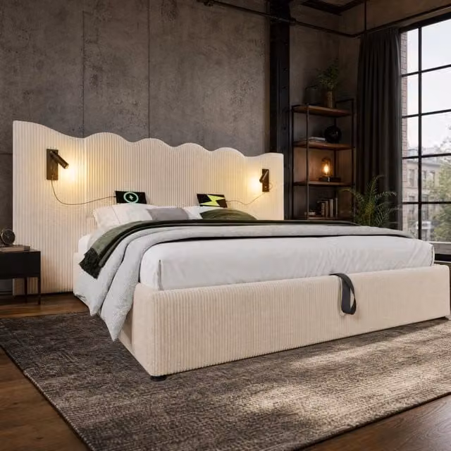 Letto contenitore 180x200 cm in corduroy con lampada lettura; USB e Type-C; beige-bianco