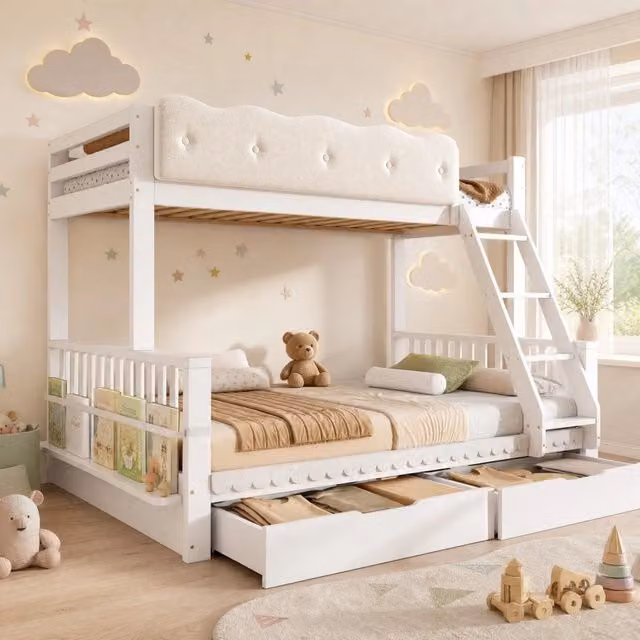 Letto a castello 90x200/140x200 cm bianco con cassetti e portariviste