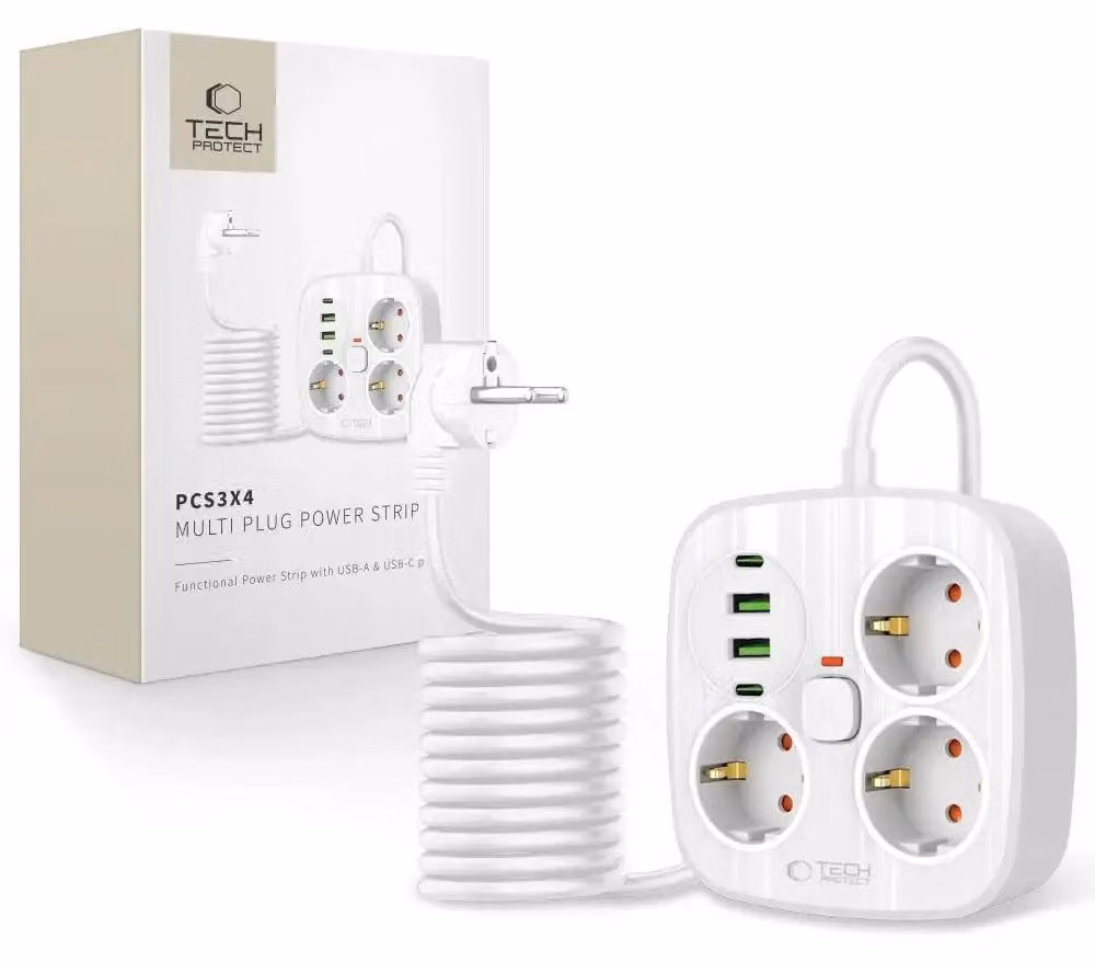 Tech-Protect Pcs3X4, 3 prese di rete, 2Xusb-A, 2Xusb-C 200 Cm - Bianco