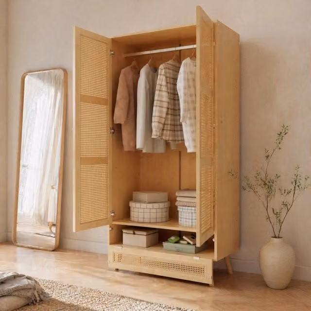 Armadio guardaroba a 2 ante in stile scandinavo con bastone appendiabiti e dettagli in rattan, colore beige, L: 90 cm, P: 45 cm, H: 183 cm