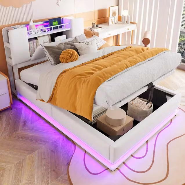 Letto imbottito per bambini 90x200 cm beige in velluto, LED e vano contenitore