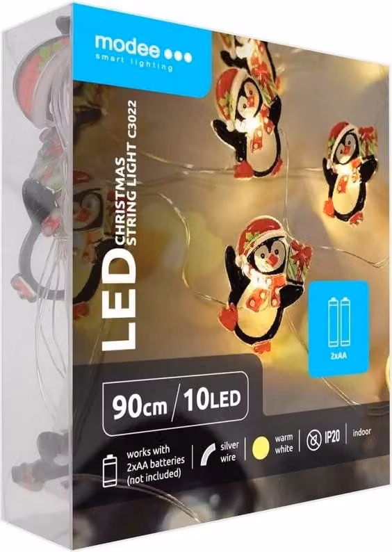 Catena luminosa di Natale con pinguini - 1,2 metri - 10 LED - Funzionamento a batteria