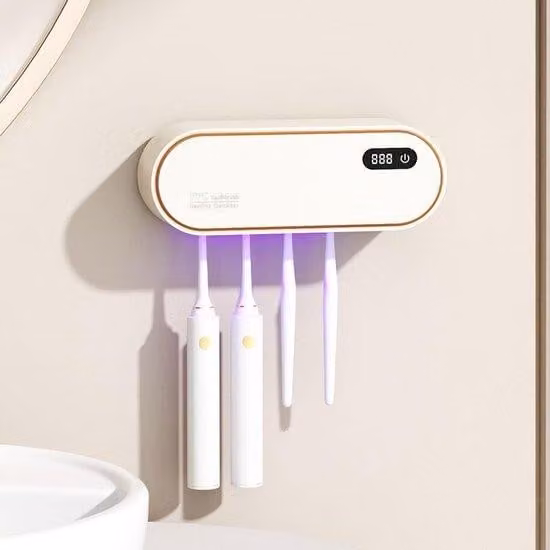 Portaspazzolini elettrici da parete, con sterilizzazione UV, timer e funzione di asciugatura, 1800 mAh, 4 ganci, accessorio da bagno per bambini e adulti, bianco