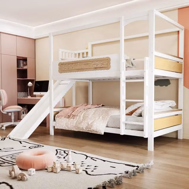 Letto a castello per bambini OKWISH in legno bianco e beige con scivolo e scala, L/P/H: 200 x 90 x 176 cm