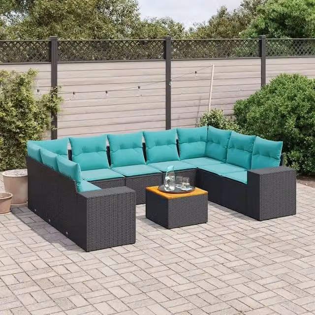 Set Divani da Giardino 10 pz con Cuscini Nero in Polyrattan 3225588